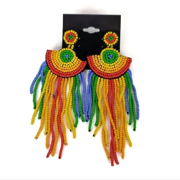 Rainbow Beaded Dangle Stud Earrings NWOT - Picture 2 of 6